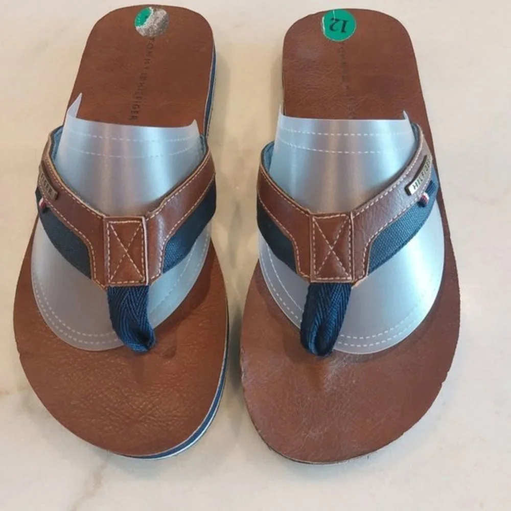 Tommy Hilfiger Drake-T Men's Flip Flops Flat Sandals Cognac Faux‎ Leather Sz 12